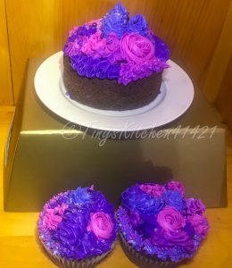 Purple Flower cupcakes and mini cake