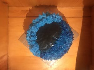 Tight crumb vanilla two tiered cake with blue and black